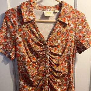 Anthropologie Orange Floral Button-Up Blouse
